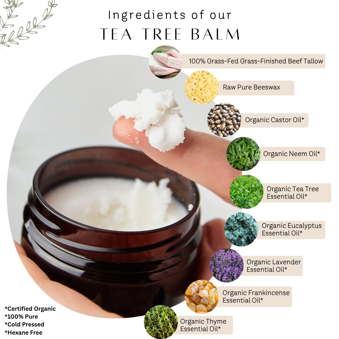 Lifestyle scene with Untamed Organics Tea Tree Tallow Balm on a wooden table