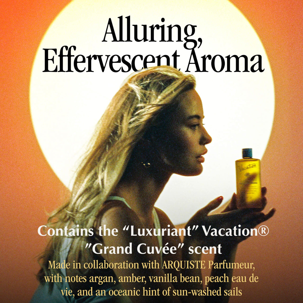 Lifestyle scene with VACATION Mini Chardonnay Oil SPF 30 Sunscreen in use
