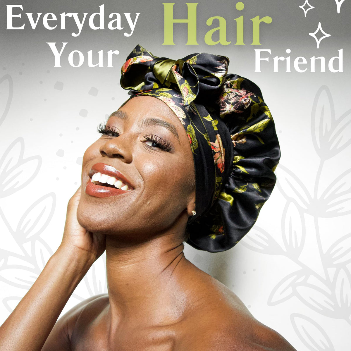 Lifestyle shot of a woman wearing the silk hair bonnet