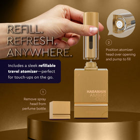 Lifestyle shot of Al Haramain Amber Oud Gold Edition in a bag