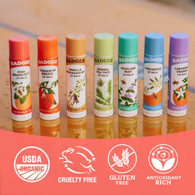 Lifestyle shot of Badger Pink Grapefruit Lip Balm in use
