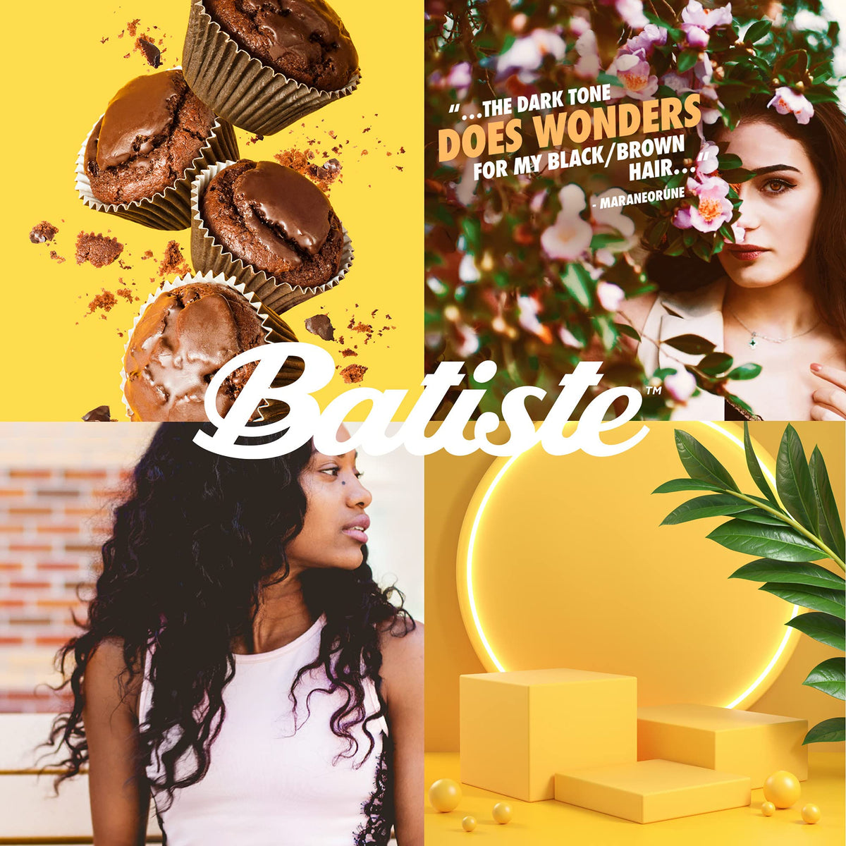 Lifestyle shot of Batiste Dark Dry Shampoo in bathroom setting
