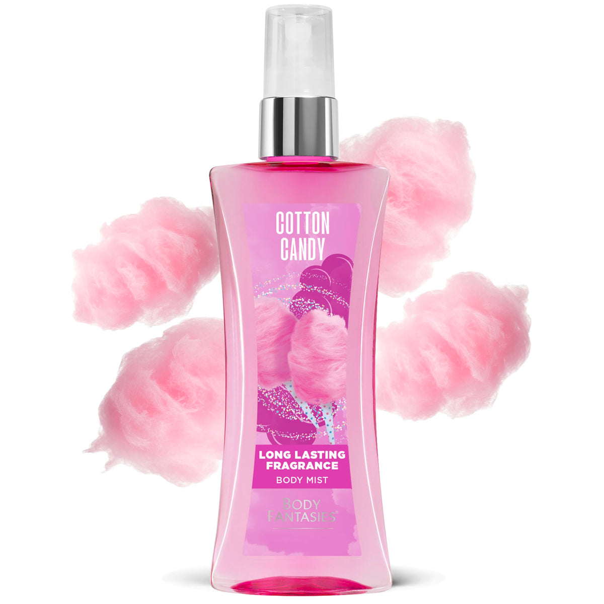 Lifestyle shot of Body Fantasies Cotton Candy Body Spray in a bright setting