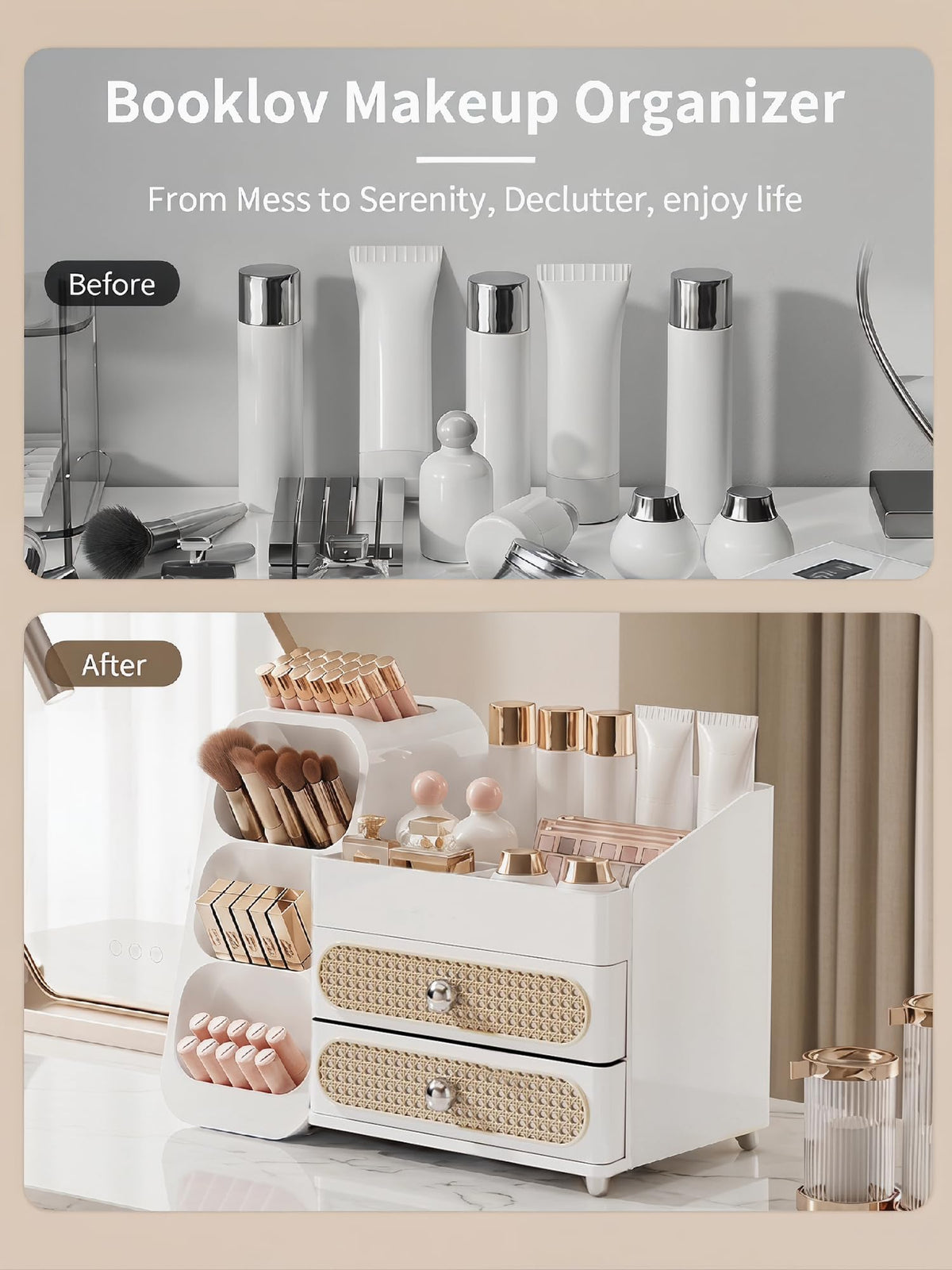 Lifestyle shot of Booklov Large Makeup Organizer in a bedroom