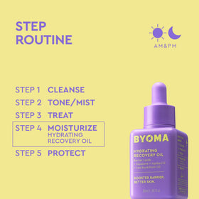 Lifestyle shot of BYOMA Hydrating Recovery Oil in bathroom