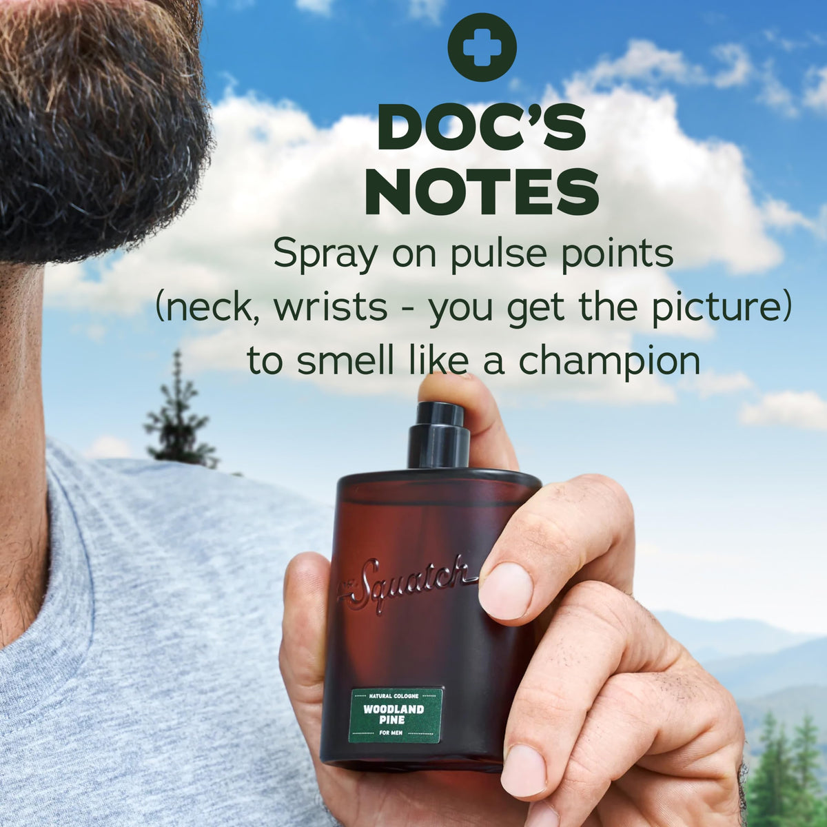 Lifestyle shot of Dr. Squatch Woodland Pine Cologne in use