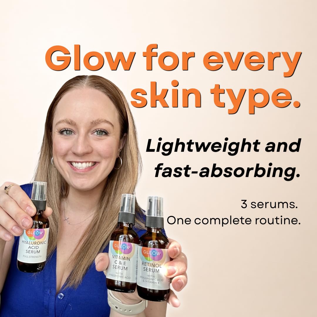 Lifestyle shot of GLEOW Skincare Set on a bathroom counter