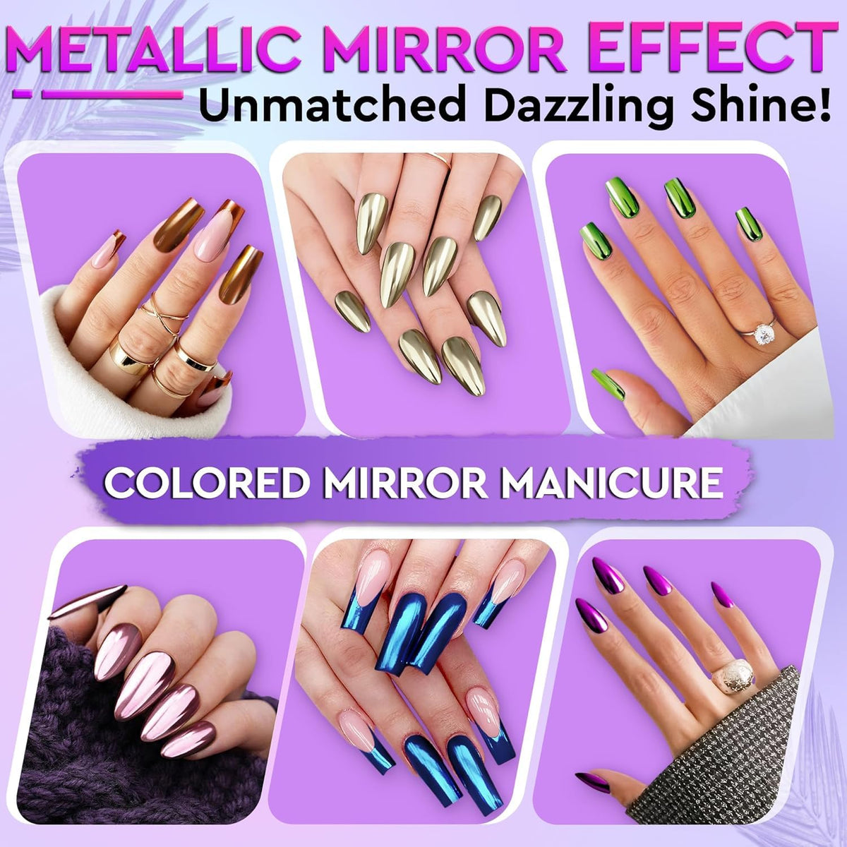 Lifestyle shot of nails featuring holographic chrome powder