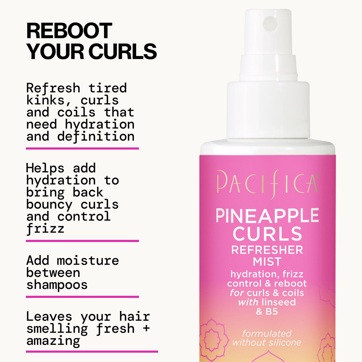Lifestyle shot of Pacifica Pineapple Curls Refresher Mist on a vanity