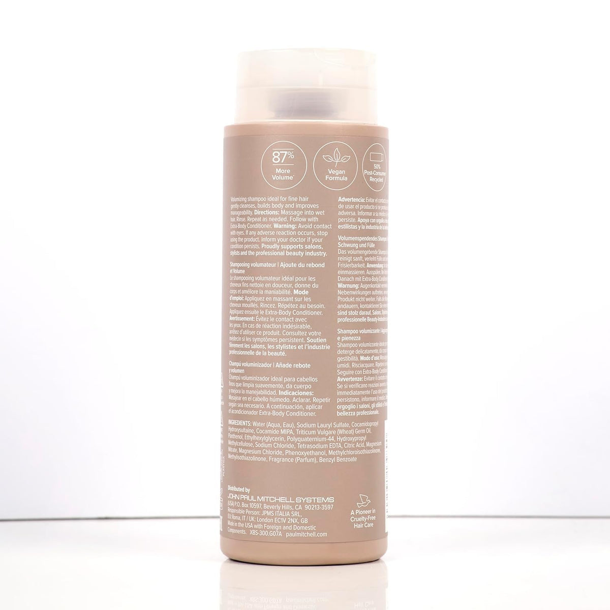 Lifestyle shot of Paul Mitchell Extra-Body Shampoo in bathroom setting