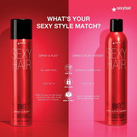 Lifestyle shot of SexyHair Big Spray & Play Harder Hairspray in use