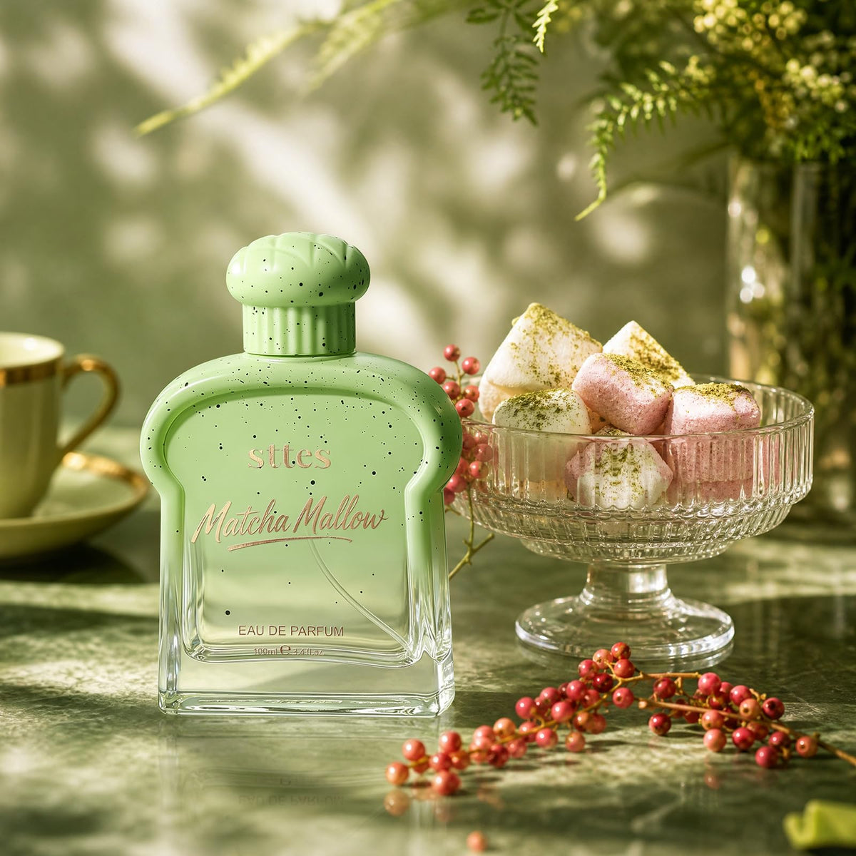 Lifestyle shot of Sttes Matcha Mallow Eau de Parfum in use