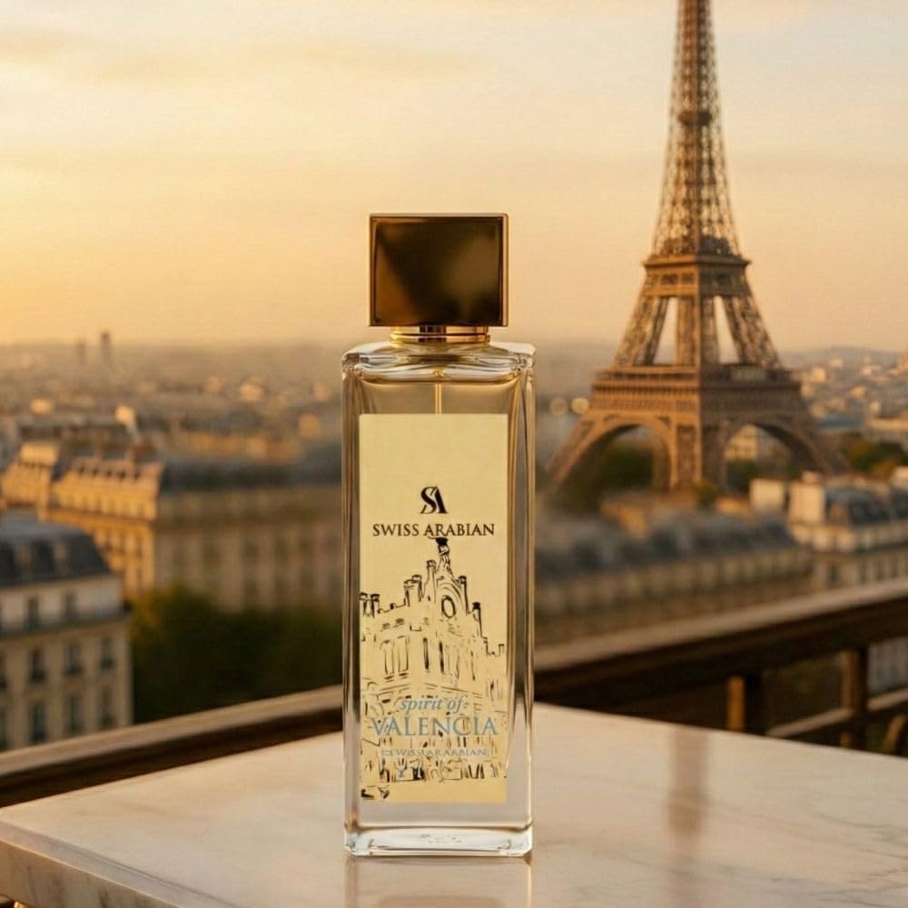 Lifestyle shot of Swiss Arabian Spirit of Valencia on a vanity
