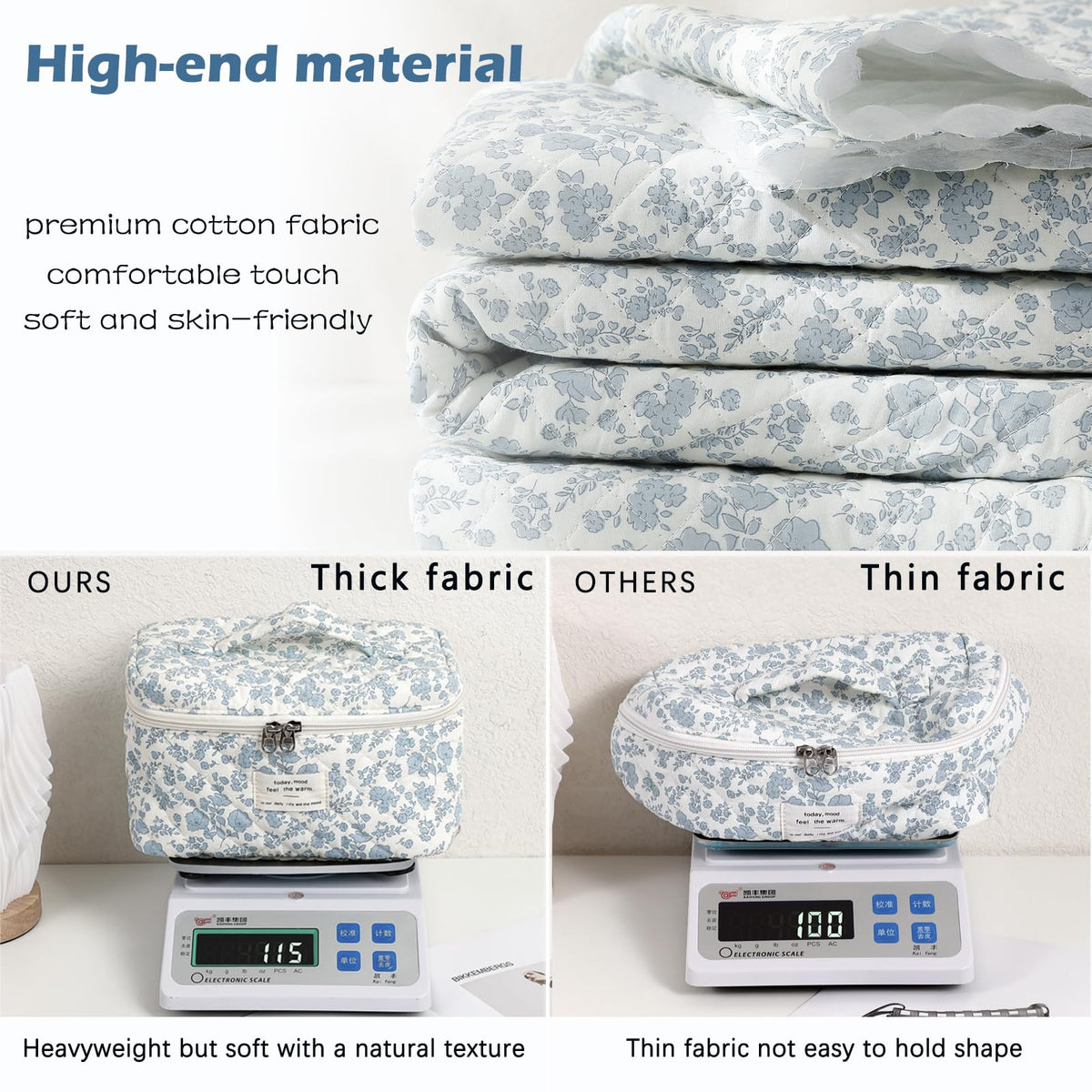Lifestyle shot of uekeboag Floral Cotton Makeup Bag on a vanity table