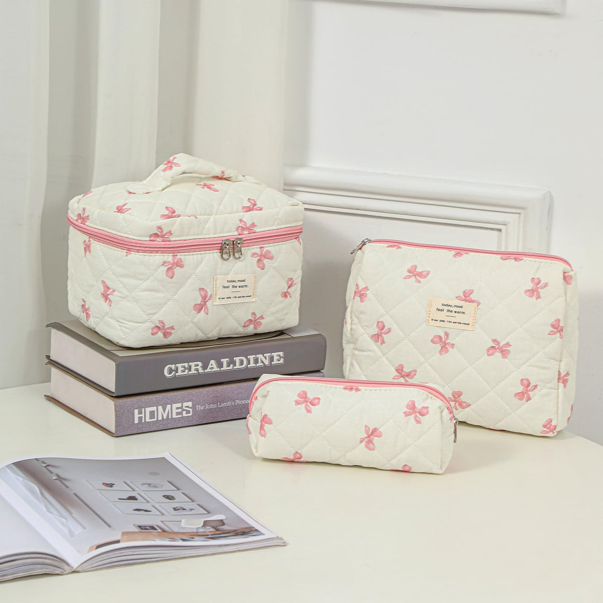 Lifestyle shot of uekeboag Large Travel Quilted Makeup Bag on a vanity