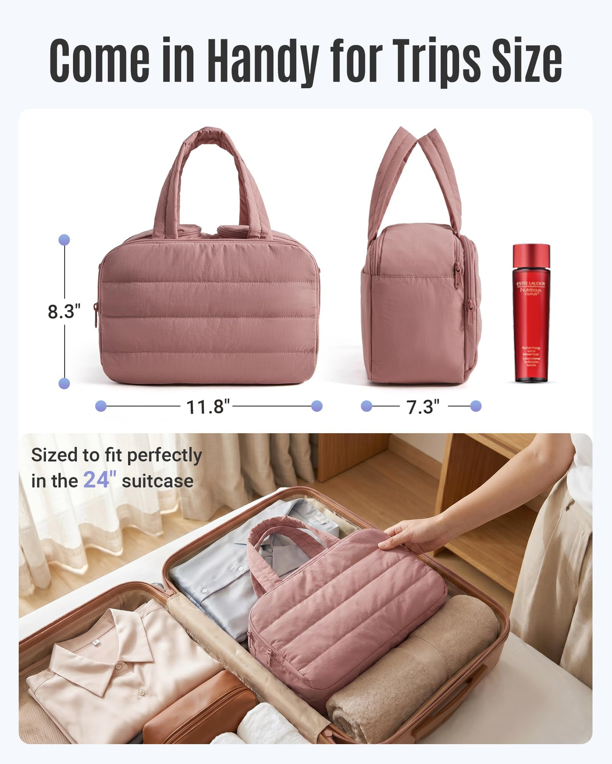 LIGHT FLIGHT Travel Toiletry Bag lifestyle scene with cosmetics