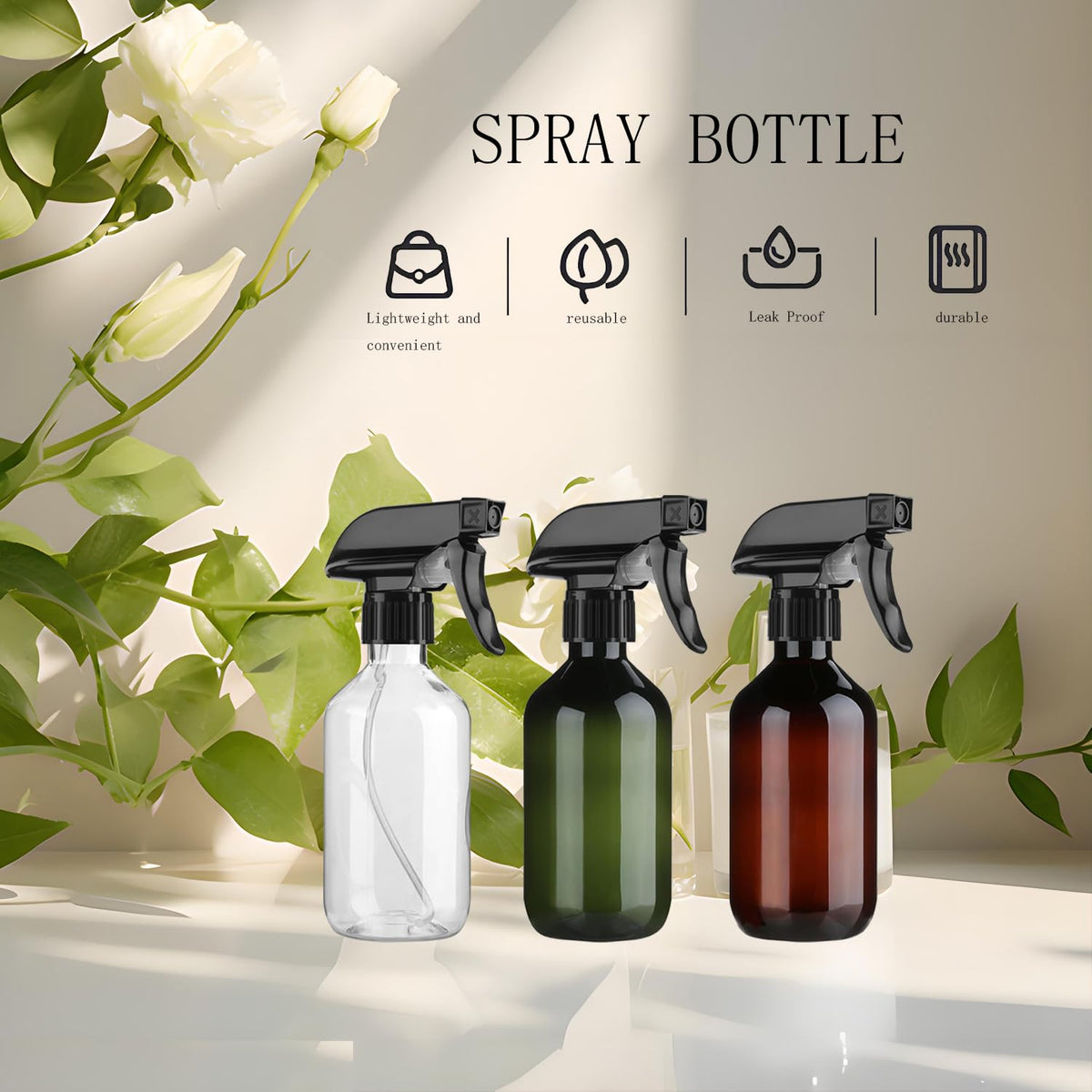 Likealot spray bottles showing adjustable nozzle features