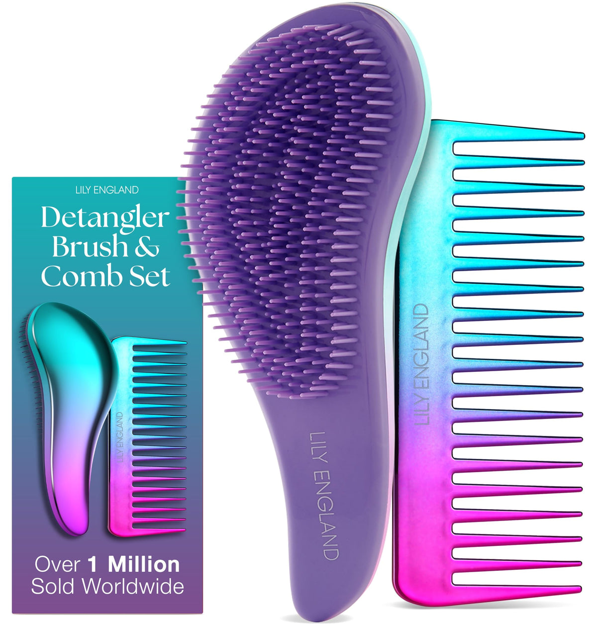 Lily England Detangler Brush and Comb Set in purple front view