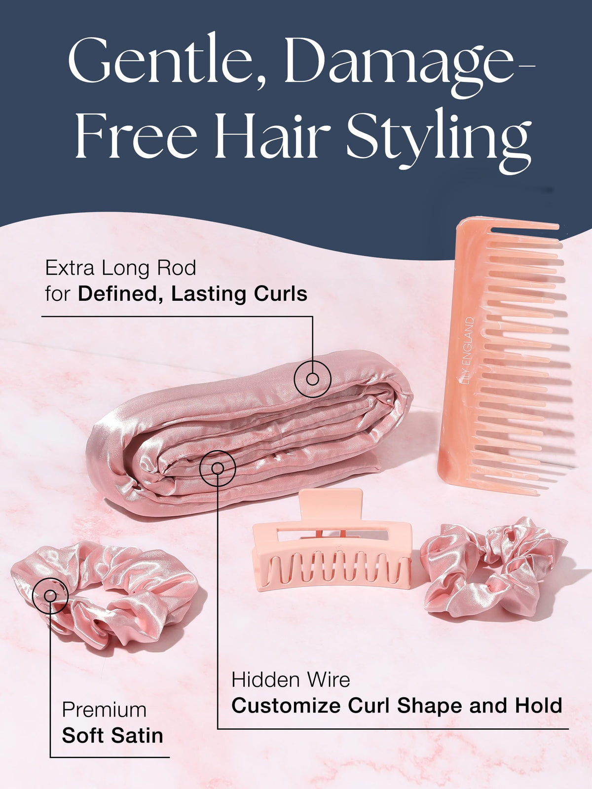 Lily England satin hair curlers with hair clip and scrunchies