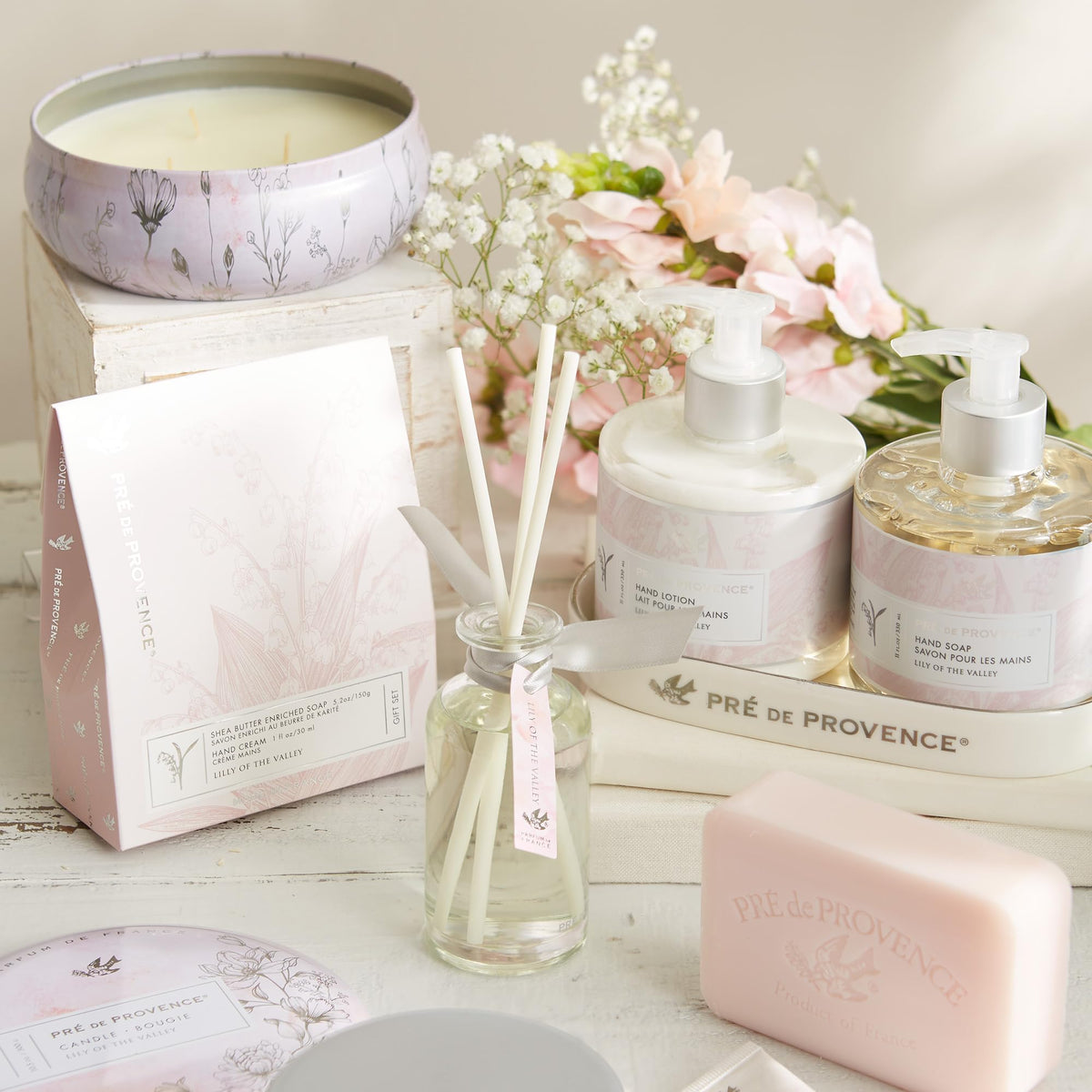Lily of the Valley Soap Bar with floral background