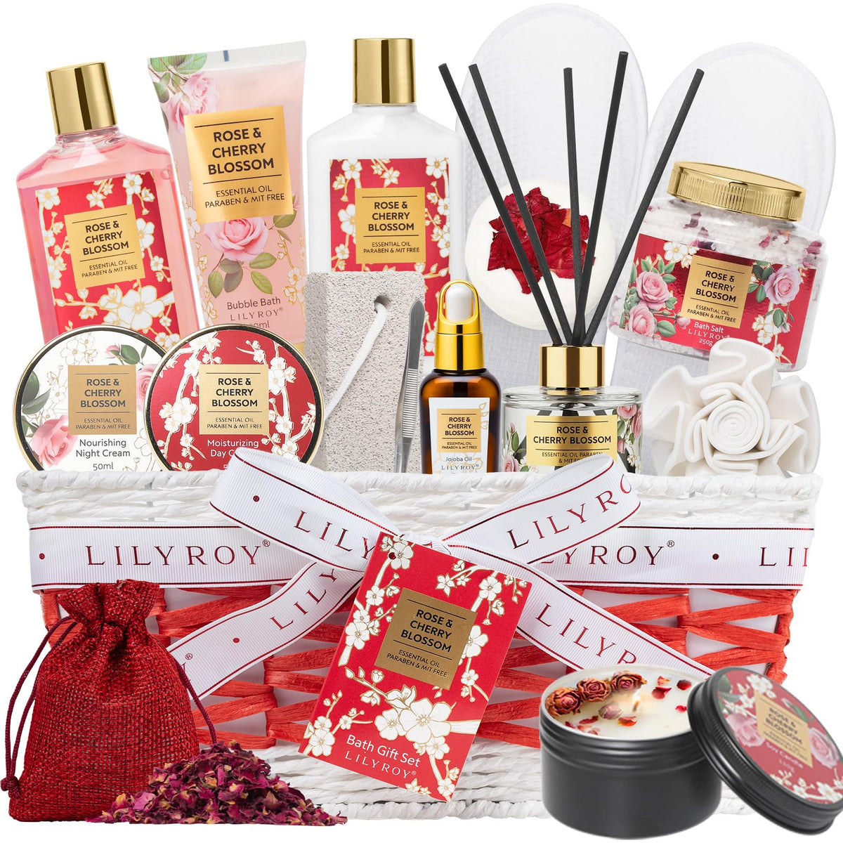 LILY ROY 17-Piece Spa Gift Set arranged in a woven basket