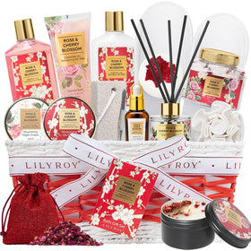 LILY ROY 17-Piece Spa Gift Set arranged in a woven basket
