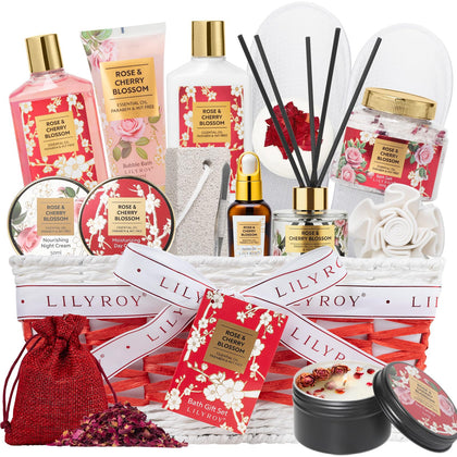LILY ROY 17-Piece Spa Gift Set arranged in a woven basket