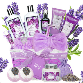 LILY ROY 17-piece spa kit in woven basket with lavender lilac products