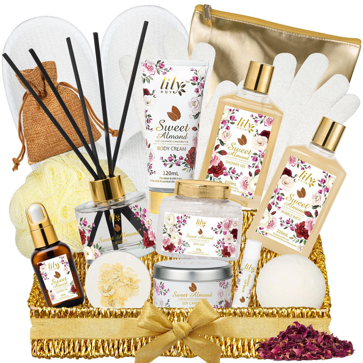 LILY ROY 17Pcs Spa Gift Set in woven basket with honey almond products