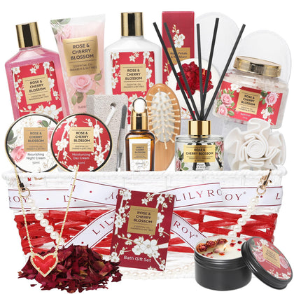 LILY ROY 21Pcs Spa Gift Set in woven basket with products arranged