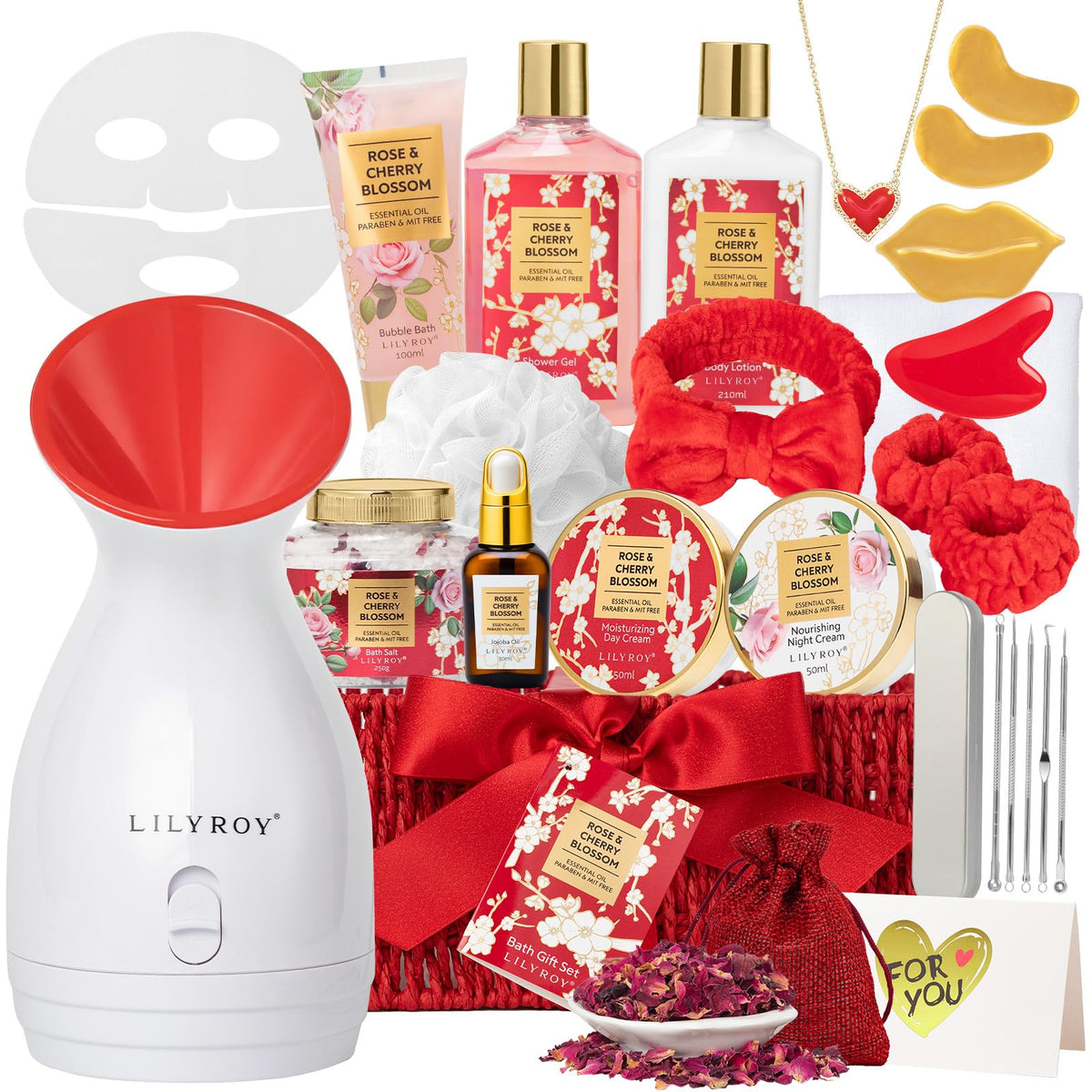 LILY ROY 27Pcs Rose Spa Skin Care Gift Set arranged in a woven basket