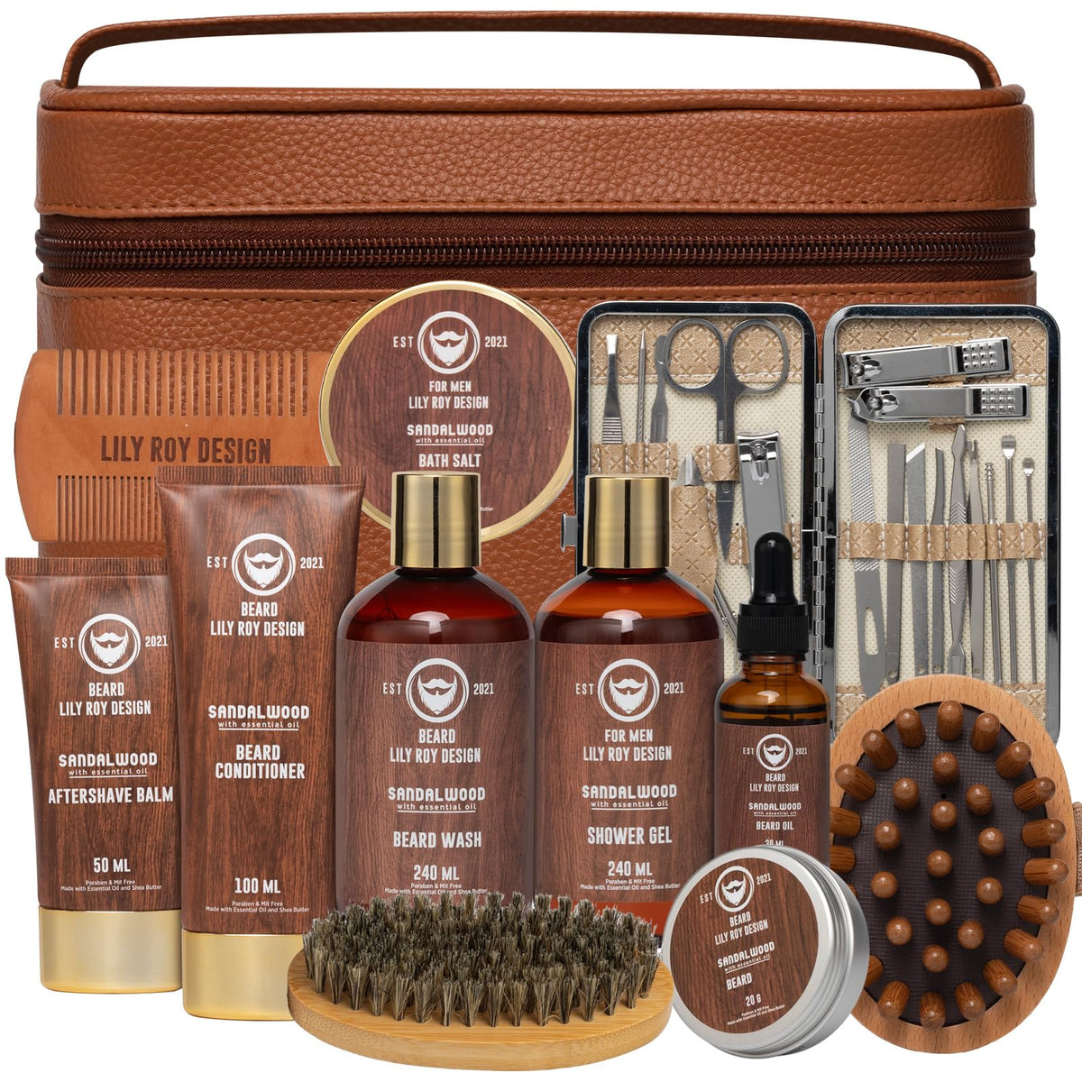 LILY ROY 30Pcs Bath & Beard Gift Set with travel bag