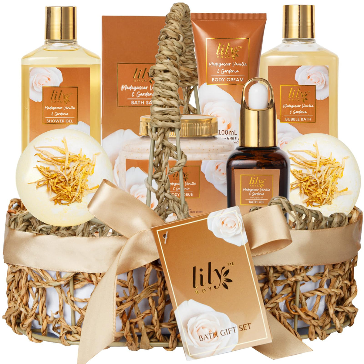 LILY ROY 9Pcs Vanilla Spa Gift Set arranged in a handwoven basket