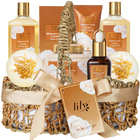 LILY ROY 9Pcs Vanilla Spa Gift Set arranged in a handwoven basket