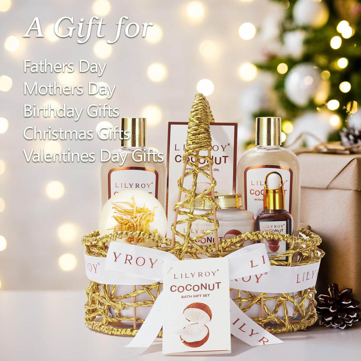 LILY ROY Coconut Spa Gift Basket featuring body cream and bath bomb