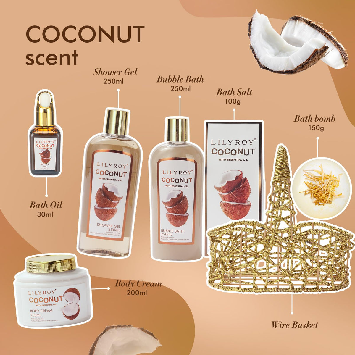 LILY ROY Coconut Spa Gift Basket with bath salts