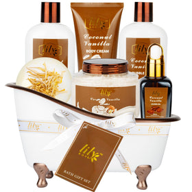 LILY ROY Coconut Vanilla Spa Gift Set in woven basket