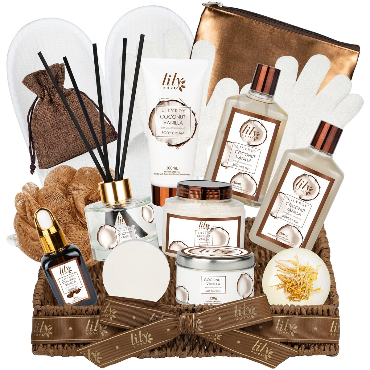 LILY ROY Coconut Vanilla Spa Gift Set in woven basket