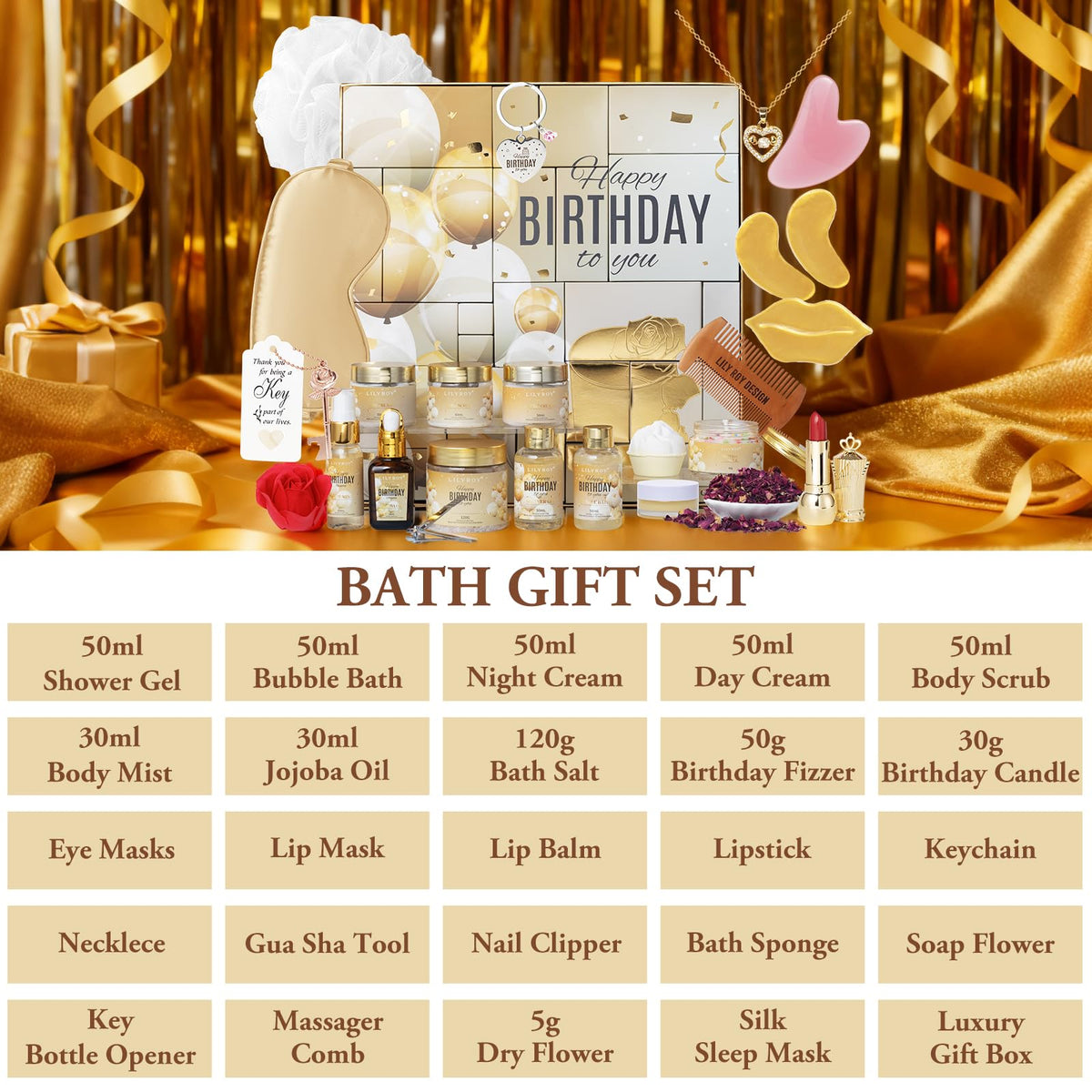 LILY ROY Day Cream and Night Cream displayed with bath accessories