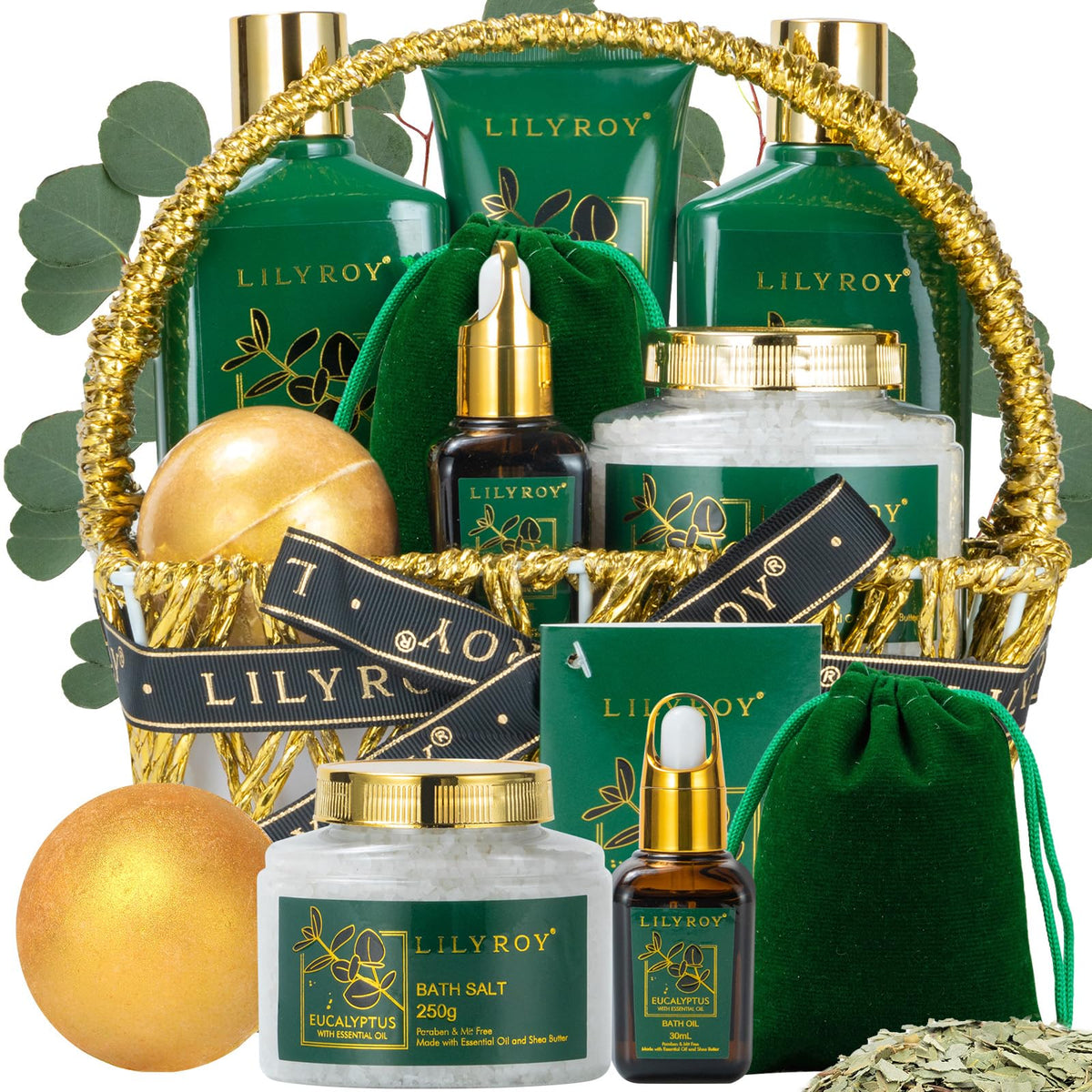 LILY ROY Eucalyptus Spa Bath Gifts Set in woven basket