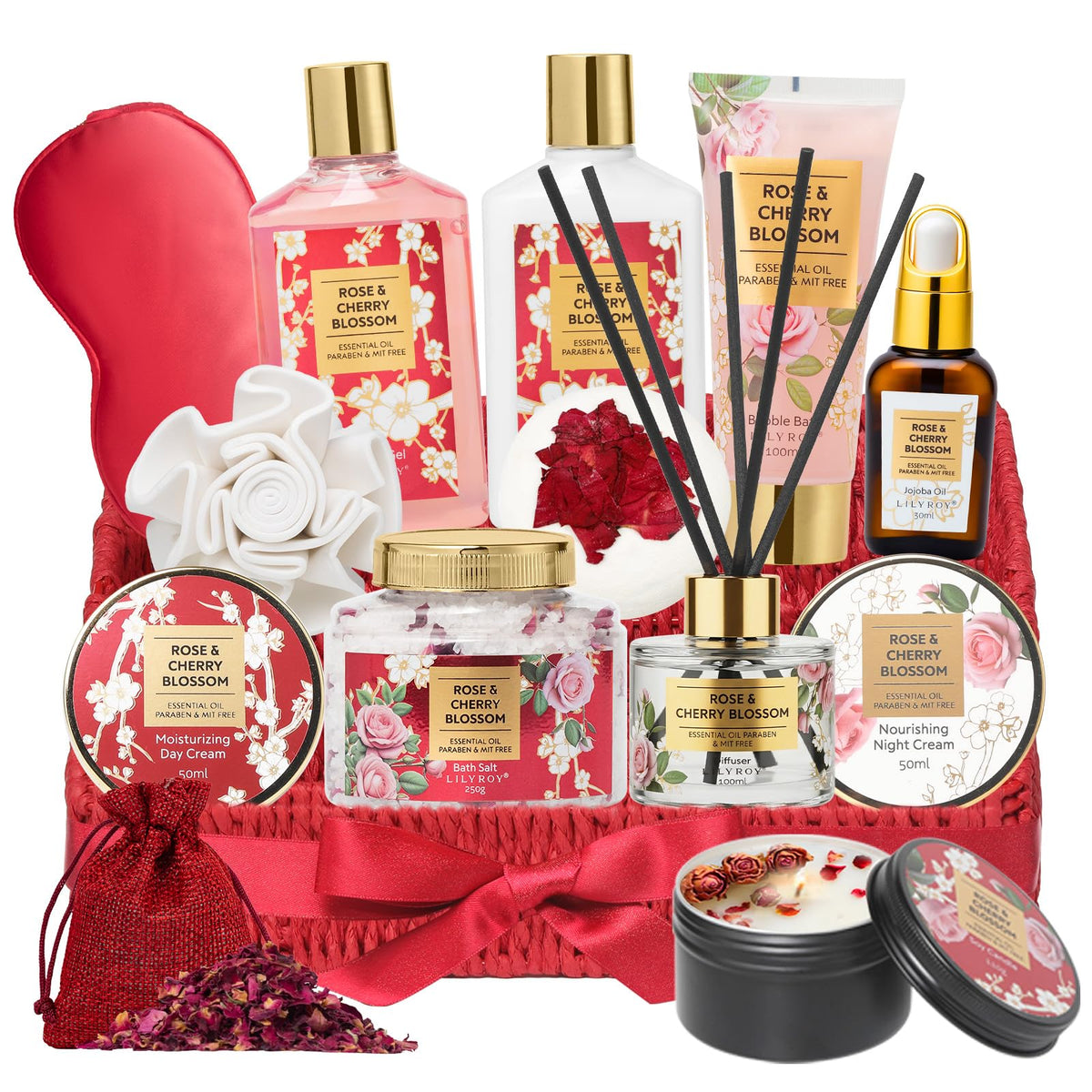 LILY ROY Spa Gift Set 16-Piece Rose & Cherry Blossom Basket Front View