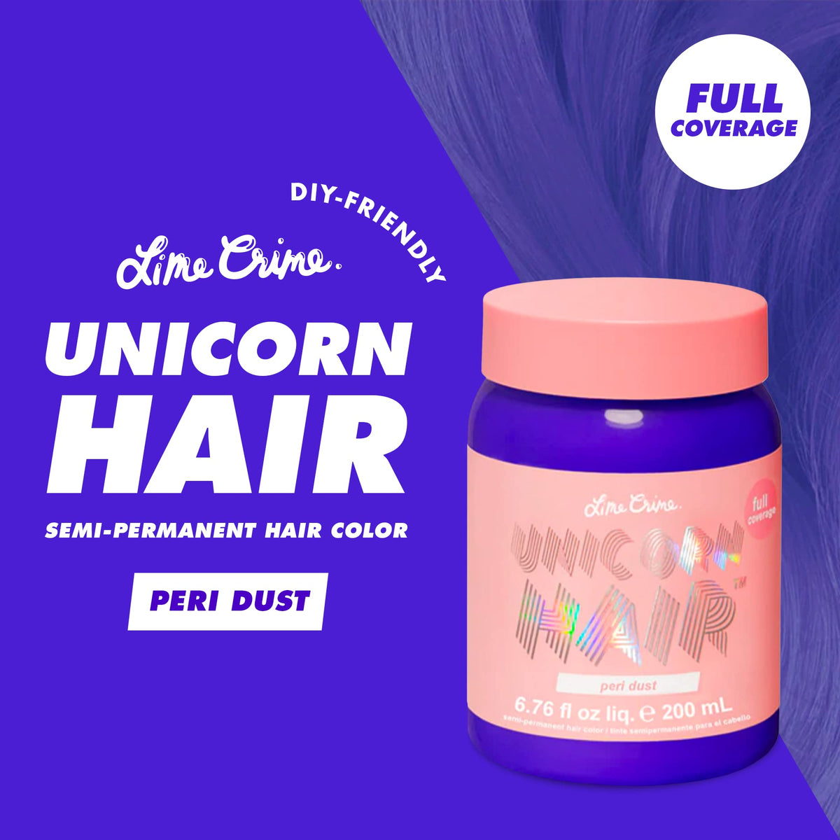 Lime Crime Unicorn Hair Dye Peri Dust side view showing product details