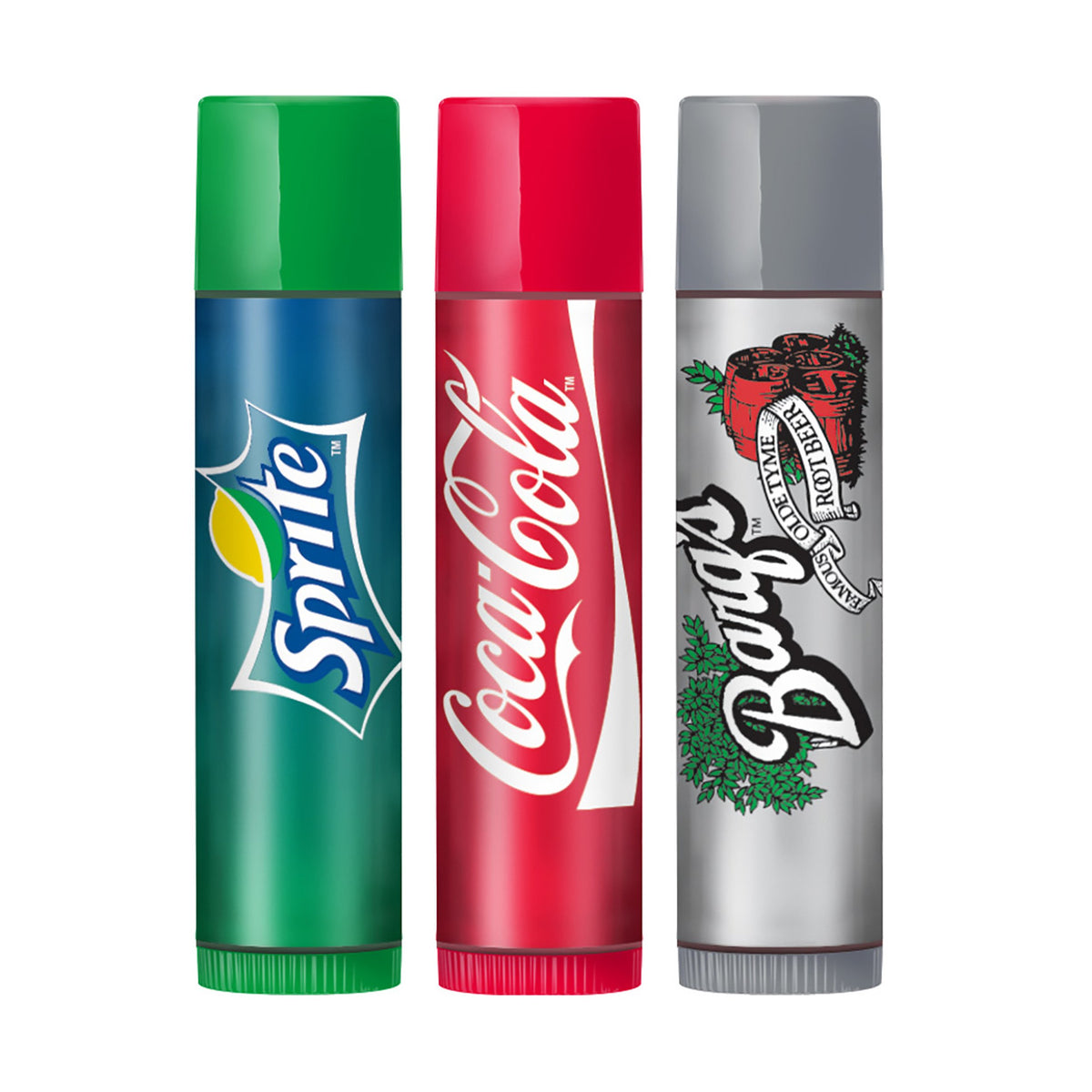 Lip Smacker Coca Cola Collection lip balm trio featuring Sprite, Coca-Cola, and Barq's Root Beer