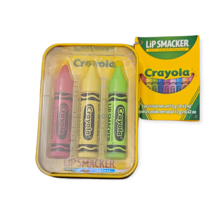 Lip Smacker Crayola Crayon 3-Piece Lip Balm Tin with flavours Razzmatzz, Banana Mania, and Granny Smith Apple