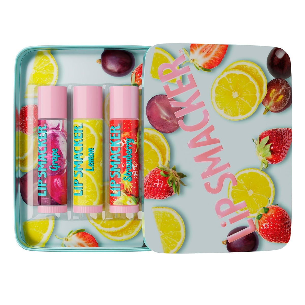 Lip Smacker Lip Balm Trio Tin featuring Grape, Lemon, and Strawberry flavours front view