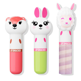 Lip Smacker Lippy Pals 3-pack featuring Foxy Apple, Hoppy Carrot Cake, and Straw-Ma Llama Berry