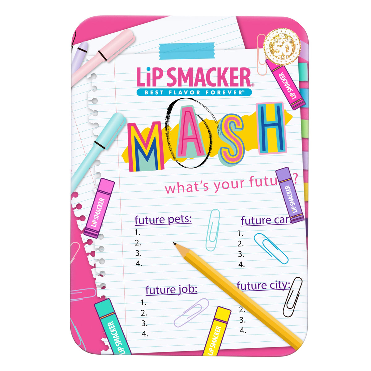 Lip Smacker MASH Tin front view with colourful design