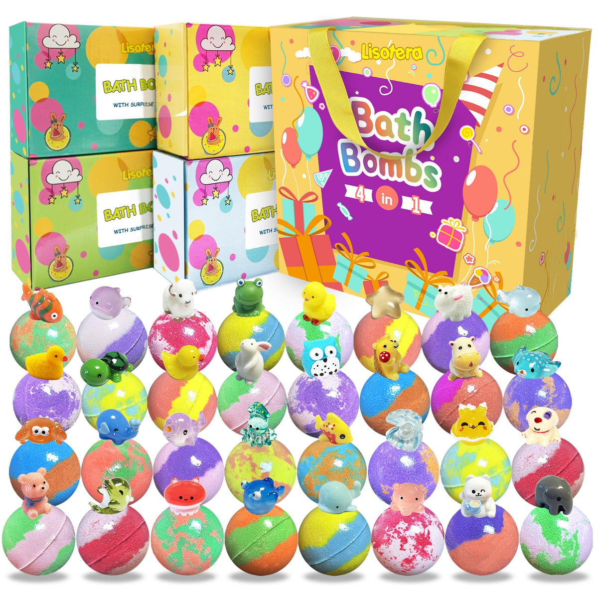 Lisotera 32 pack bath bombs for kids with colourful packaging