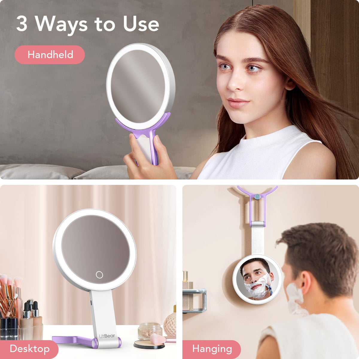 LitBear Travel Makeup Mirror close-up showing 1X HD surface