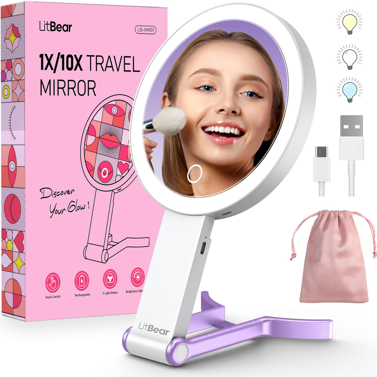 LitBear Travel Makeup Mirror front view with LED lights